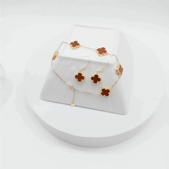 New 18k Gold Four Leaf Clover Red Dainty Hook Dangling Earrings Bracelet Set - Picture 5 of 9